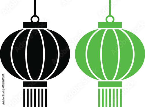 Contrasting traditional lanterns in black and green with intricate designs hanging side by side