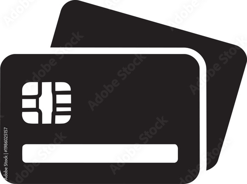 Black silhouette of two credit cards stacked displaying a chip and magnetic stripe high quality professional