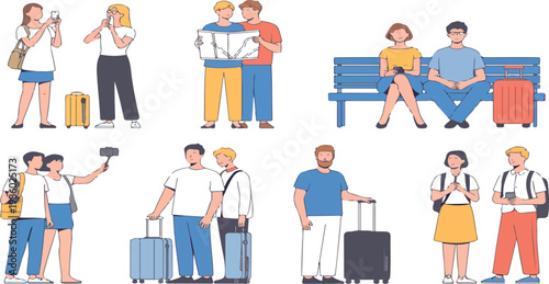 Set of couple and friends tourists on summer vacation, man and woman traveling together, holiday trip flat vector illustration
