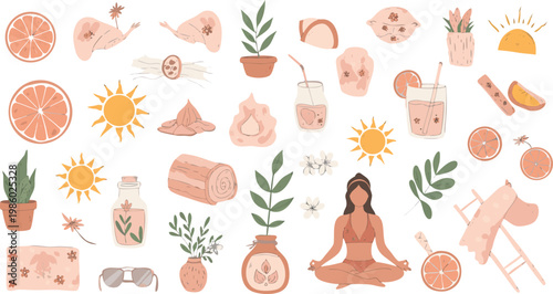 Boho Summer Elements Set with Yoga Woman Citrus Drinks Sun and Tropical Lifestyle Vector Illustration
