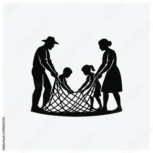 Family fishing silhouette with parents and children casting a net.