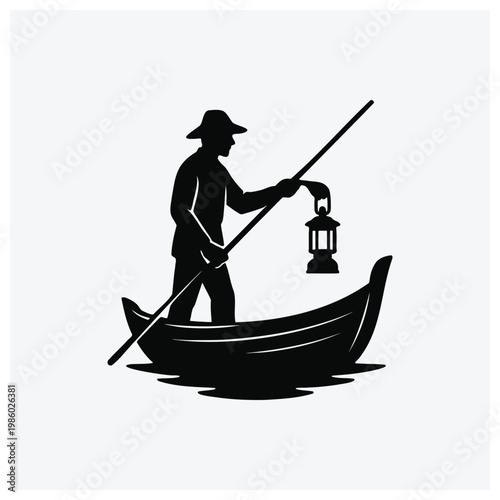 Silhouette of a boatman holding a lantern in a boat