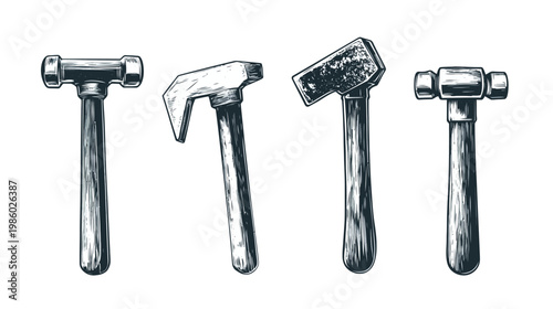 Four varied hand-drawn illustrations of hammers against a white backdrop
