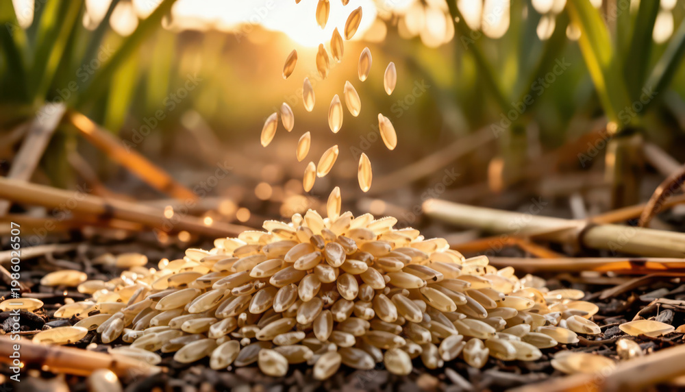 Naklejka premium Golden grains of seed scatter above a mound of seeds, creating a visual spectacle. The field behind the mound is lush and green, adding to the agricultural scene.