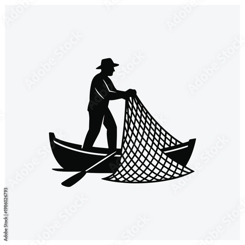 Silhouette illustration of a fisherman casting a fishing net from a boat.