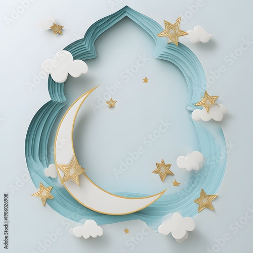 Simple crescent and stars frame with soft gradients, modern Islamic invitation layout.
