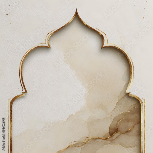 Clean Islamic arch border with subtle gold accents and soft beige watercolor wash, luxury minimal design.