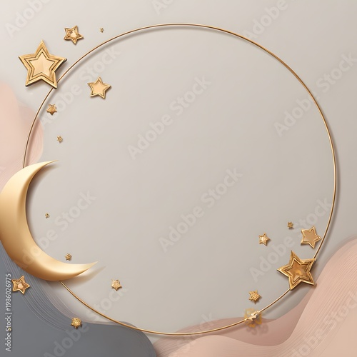Simple crescent and stars frame with soft gradients, modern Islamic invitation layout.