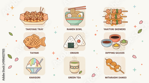 A collection of nine illustrated Japanese food and drink items including takoyaki, ramen, yakitori, taiyaki, onigiri, dipping sauces, kakigori, green tea, and mitarashi dango.