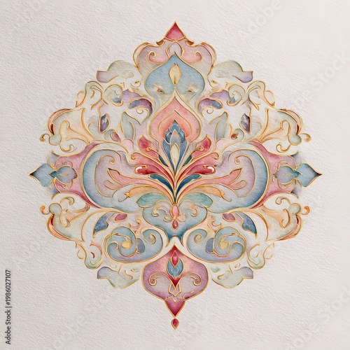 Delicate floral arabesque border with pastel watercolor textures, elegant Islamic invitation background.