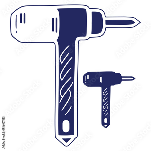 Illustration of Power Drill Tool Hand Drawn Style in Blue on White Background Construction and Maintenance Concept
