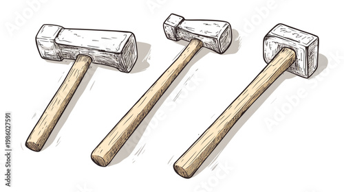 Illustration featuring three cartoon-style hammers with wooden handles and block-shaped striking faces