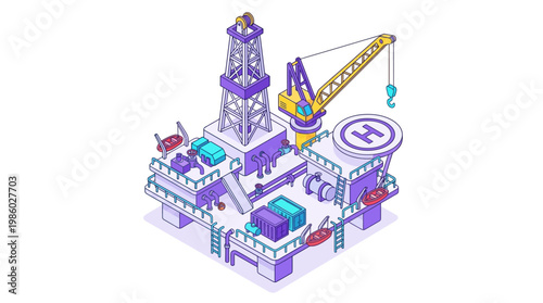 Isometric illustration of an offshore oil rig with crane and helipad on white