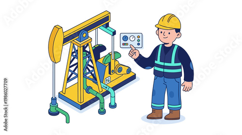 Oil rig operator examining machinery in a vector illustration depicting industry