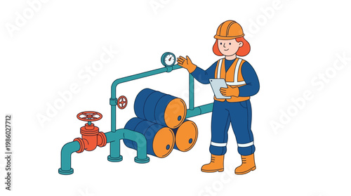 Female worker in safety gear inspecting industrial equipment for industry