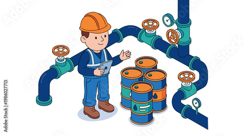 Engineer inspects pipes and barrels in a clean isolated illustration