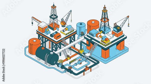 Isometric illustration of an offshore oil rig with equipment and pipelines