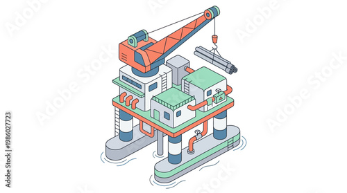 Isometric illustration of an offshore crane rig performing construction activities