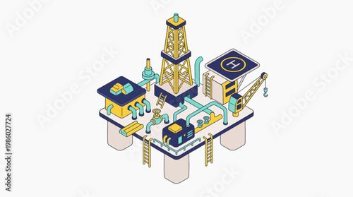 Isometric illustration of offshore oil rig in yellow and blue on white background