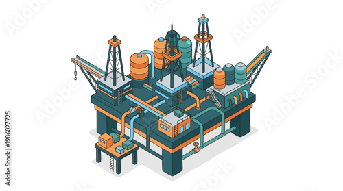 Isometric offshore oil rig illustration industrial infrastructure concept