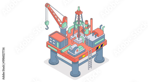 Isometric view of an oil rig platform with industrial equipment and machinery