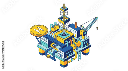 Isometric oil rig illustration offshore energy production and industrial vector