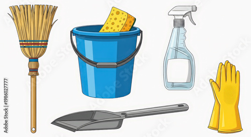 Cleaning tools displayed in bright lighting for home hygiene and maintenance solutions