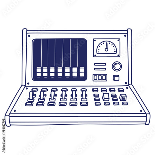 Sound Recording Console with Equalizers and Meters for Music Production and Broadcast Technology in Detailed Line Art Style