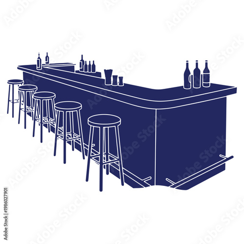 Stylized Bar Scene with Stools and Bottles Representing Nightlife and Social Gatherings in Indigo