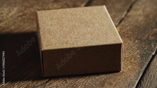 Small Square Kraft Cardboard Box on Wooden Surface