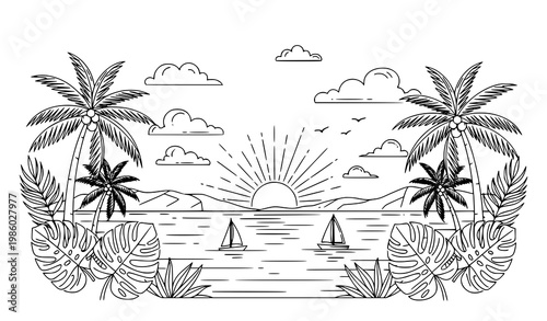 Boho sunset seascape – thin line tropical illustration with palm trees and sailboats