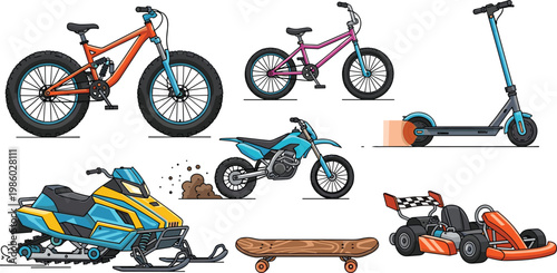 Sport and Adventure Vehicle Icon Set with Fat Bike, Kids Bicycle, Electric Scooter, Snowmobile, Dirt Bike, Skateboard, and Go Kart Elements for Recreation and Extreme Sport Designs