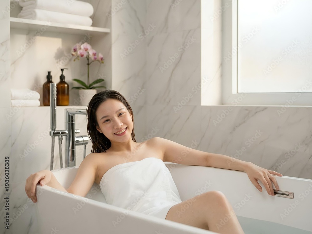 Naklejka premium Woman Relaxing in Modern Marble Bathroom with Tub and Towel