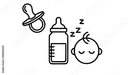 A minimalist vector illustration of a sleeping baby with a pacifier and bottle