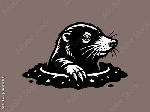 Mole Peeking Out of a Hole Vector Illustration - Minimalist Black and White Underground Animal Mascot Logo