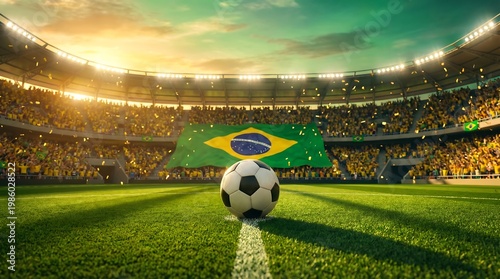 Brazilian soccer stadium with ball and flag in vibrant colors at sunset
