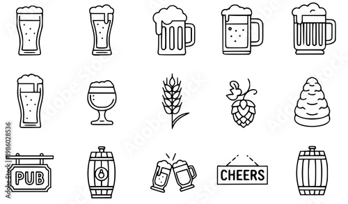 A set of black and white line art beer icons and illustrations
