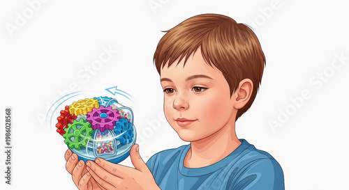 Young boy playing with a colorful rotating gear toy for educational development and learning