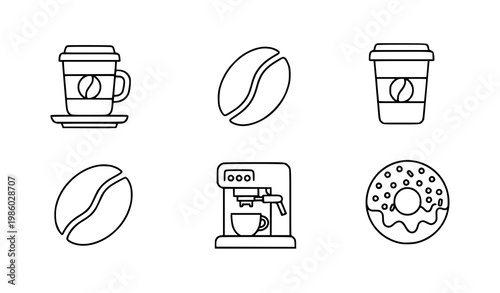 A set of minimalist icons depicting coffee and pastry items