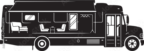 Black motorhome, RV, camper van, recreational vehicle, travel trailer, vector illustration