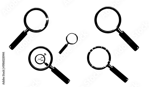 A set of magnifying glass icons in a minimalist flat design style