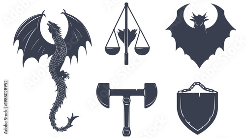 Black and white illustrations of a dragon, bat, scales, shield, and axe, on a white background