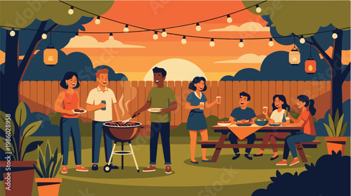 Backyard Barbecue Gathering Vector Illustration Friends Enjoying Summer Cookout Party Outdoor Lifestyle Scene