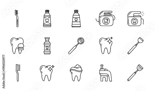 A set of dental care icons including toothbrushes, toothpaste, and teeth