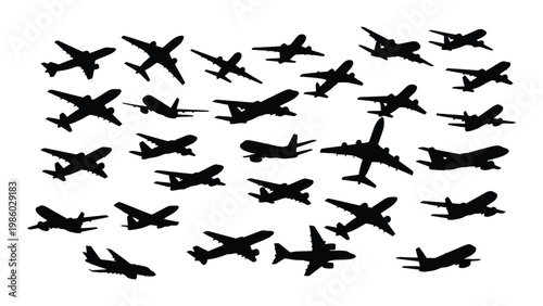 A collection of black silhouettes depicting various commercial airplanes in different orientations high quality professional detailed