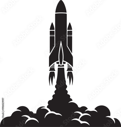 Black rocket ship launching, space shuttle silhouette, vector illustration, blast off