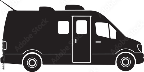 Black camper van, motorhome silhouette, RV icon, vehicle illustration