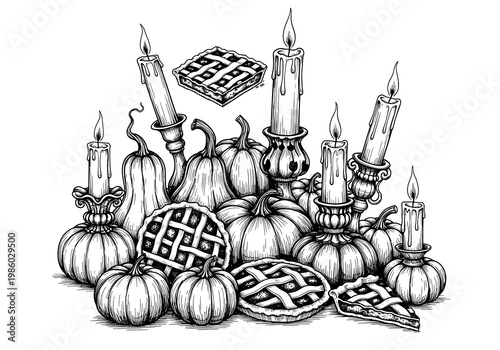 Hand-drawn Autumn Thanksgiving Still Life with Pumpkins, Candles, and Lattice Pies