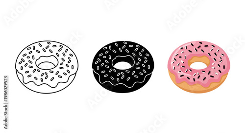 Glazed donut vector set with sprinkles, sweet pink frosted doughnut icon, black and white line art pastry illustrations for bakery menu design