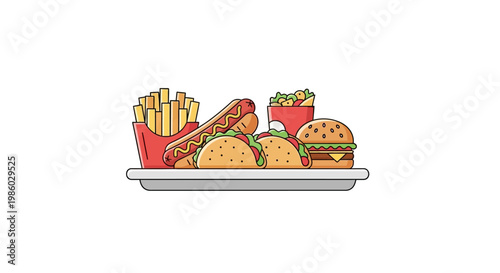 A tray of fast food including burgers and fries.